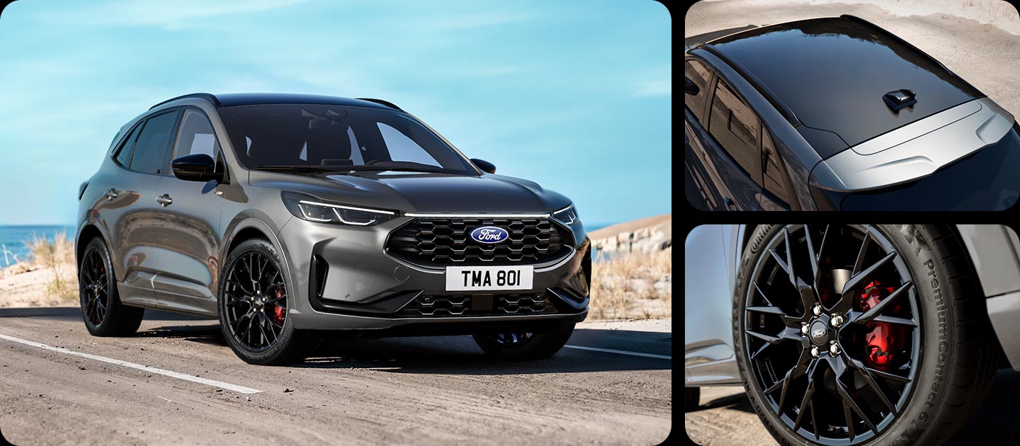 Ford Kuga Black Package grigia, con nella primo piano i cerchi nella lega neri da 20" e i dettagli degli esterni nella nera.