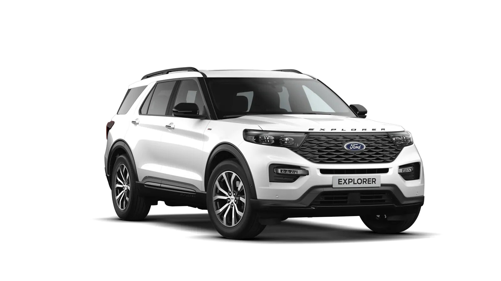 Vista frontale di tre quarti di Ford Explorer ST-Line bianco 