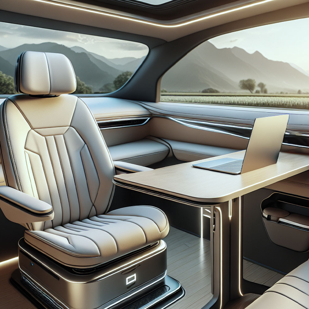 Interno dell'auto con sedile girevole e scrivania