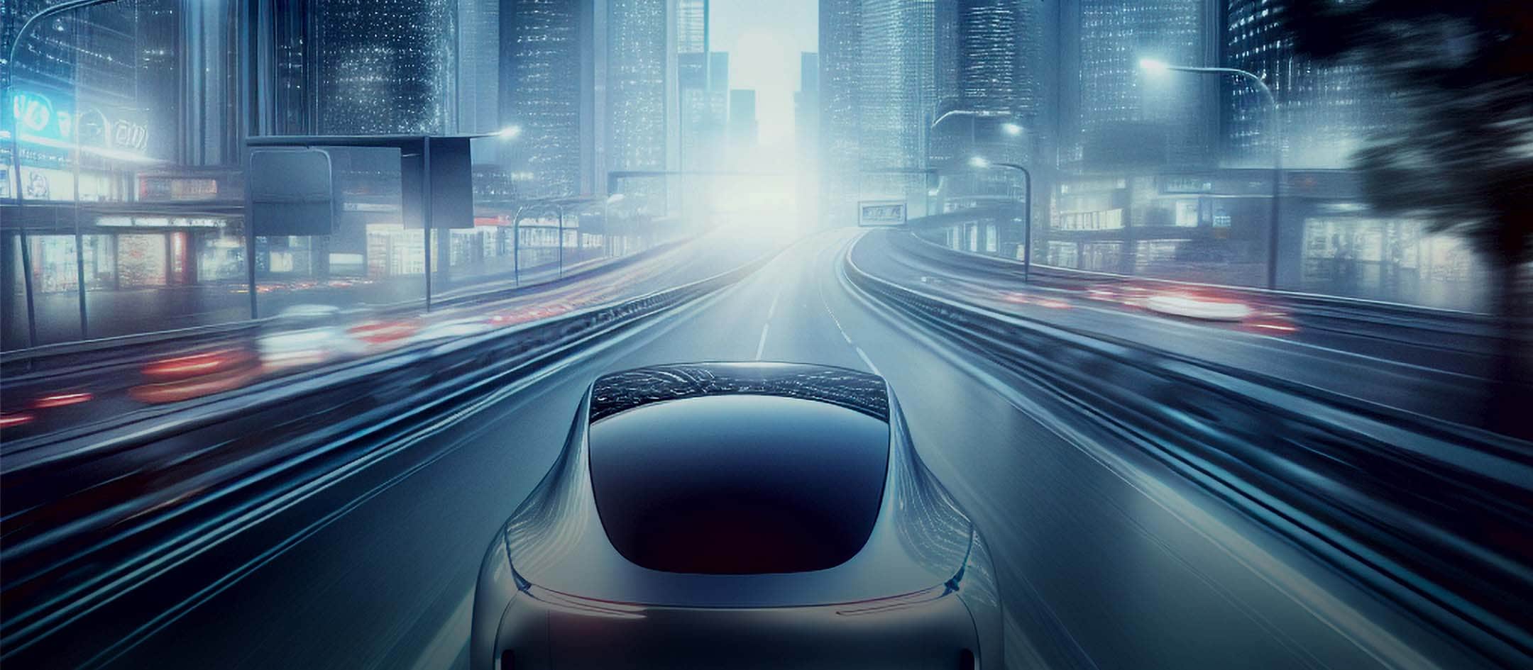 Veicolo futuristico che guida su un'autostrada urbana di notte