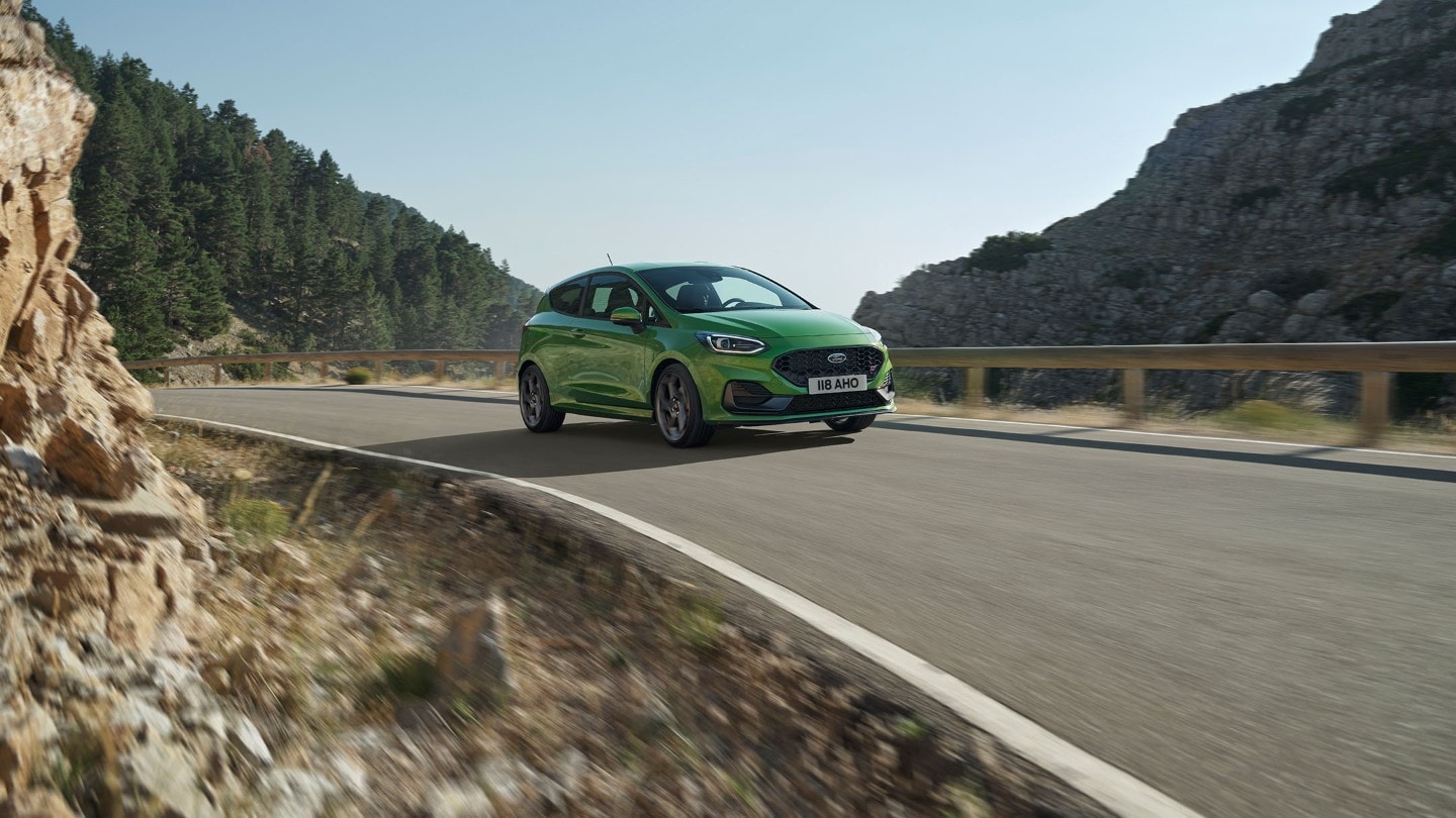 Green Ford Fiesta ST on the road
