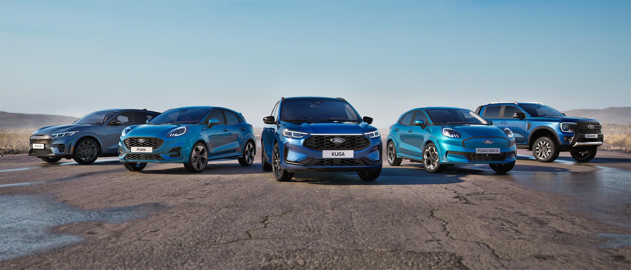 Gamma di veicoli con sistema di guida a mani libere Ford BlueCruise, tra cui Mustang Mach-E, Puma, Kuga, Puma Gen-E e Ranger.