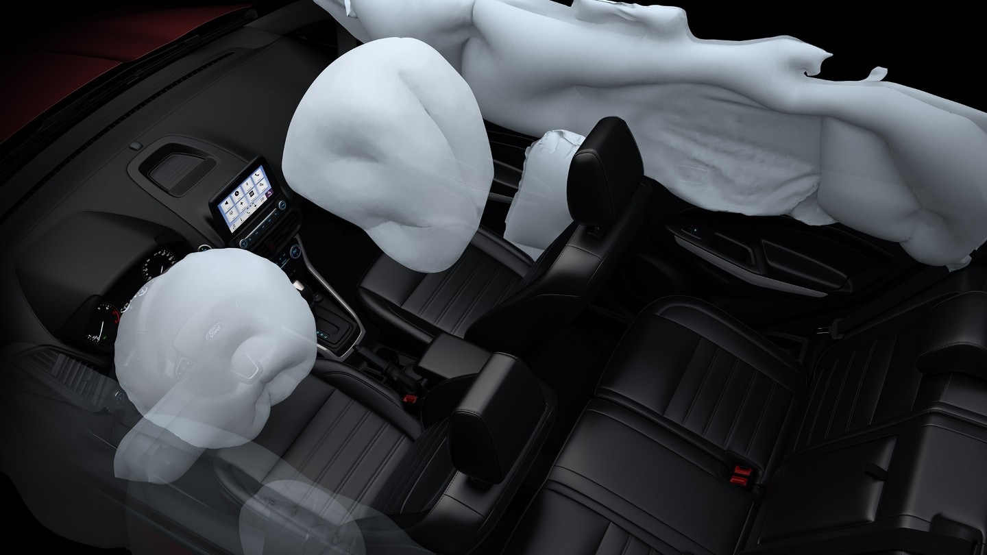 Vista aerea della Ford EcoSport con airbag gonfiati