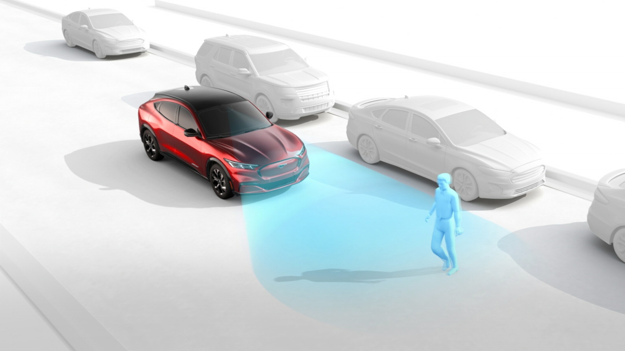 Ford Mustang Mach-E che rileva un pedone con la funzione Pre-Collision Assist
