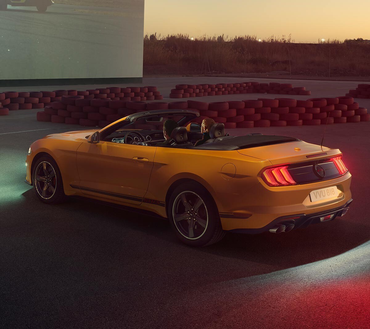 Ford Mustang California Edition parked at a drive-in cinema.