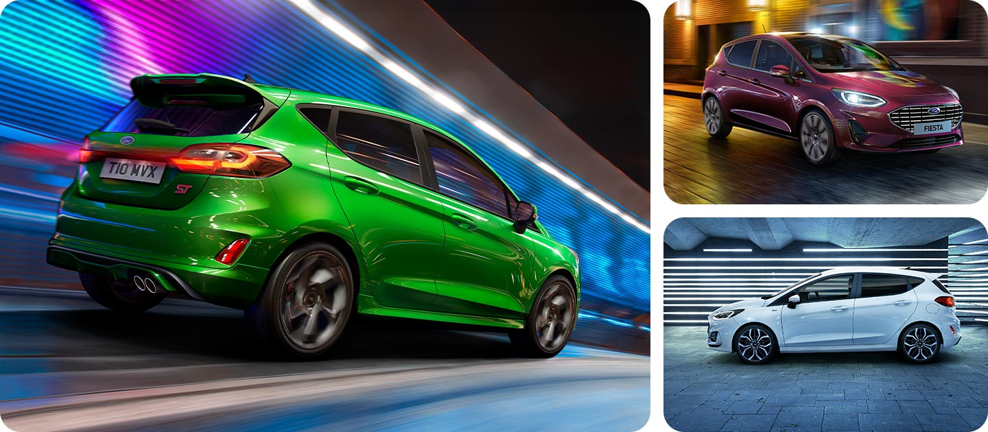 Ford Fiesta ST-Line verde, Fiesta Active e Fiesta Titanium rossa.