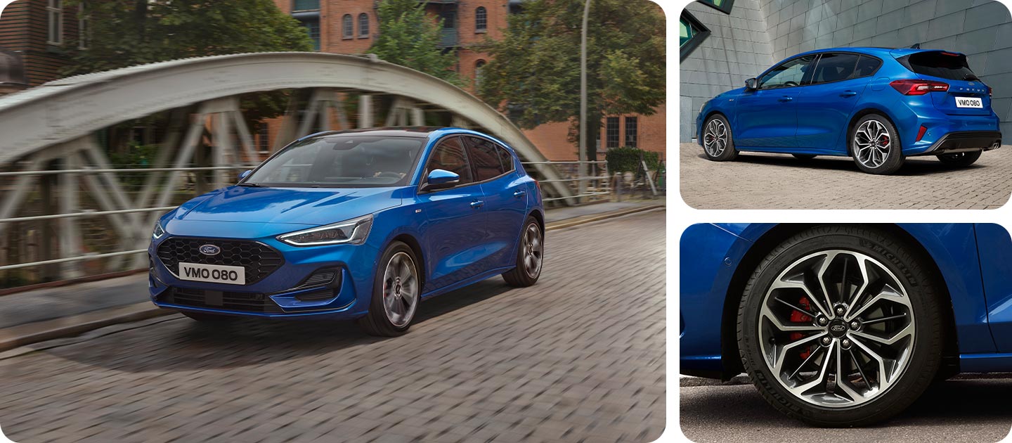 Griglia fotografica che mostra una Ford Focus berlina blu su strada e un primo piano del cerchio in lega.