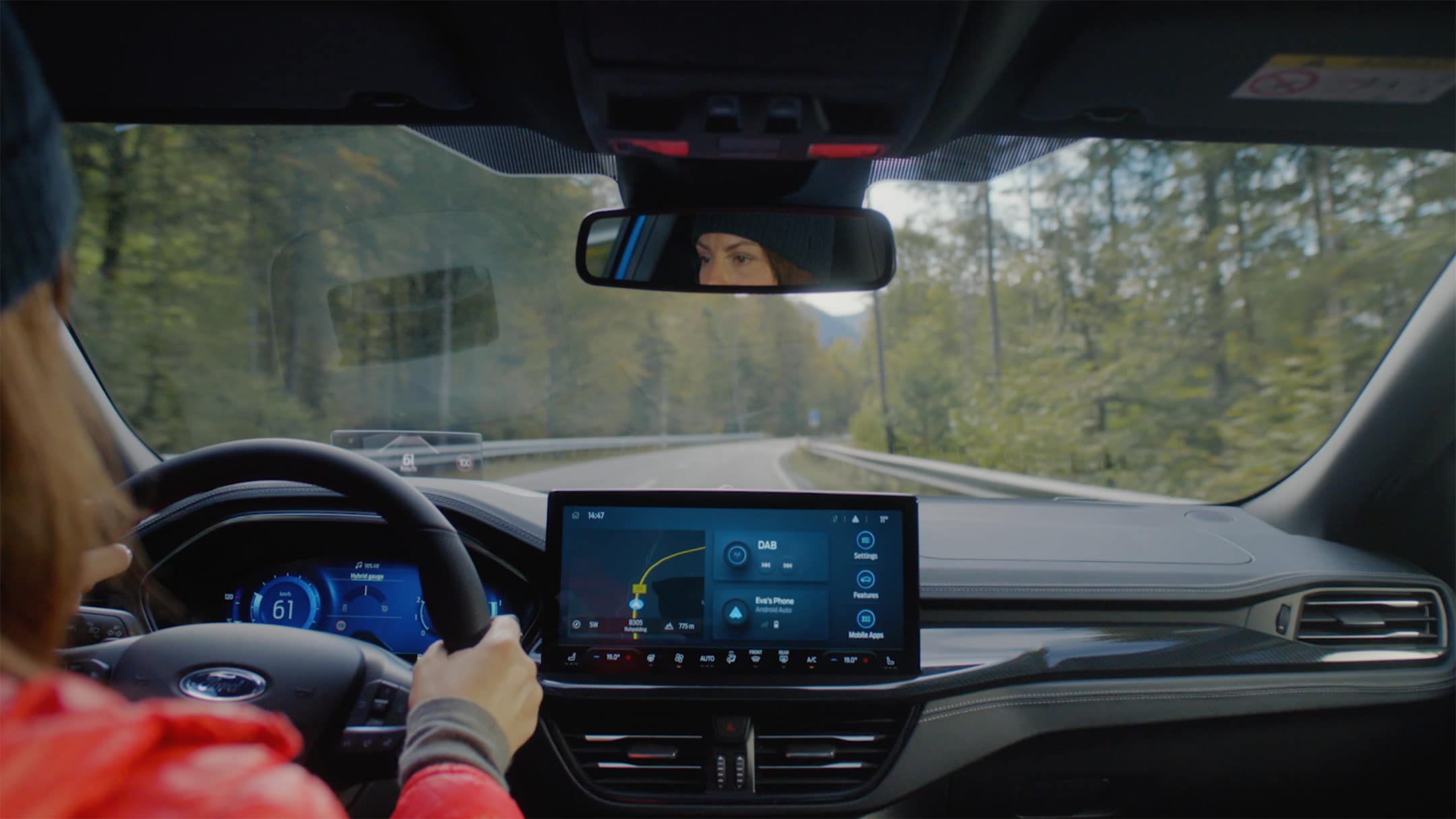 Interior view of driving down country road