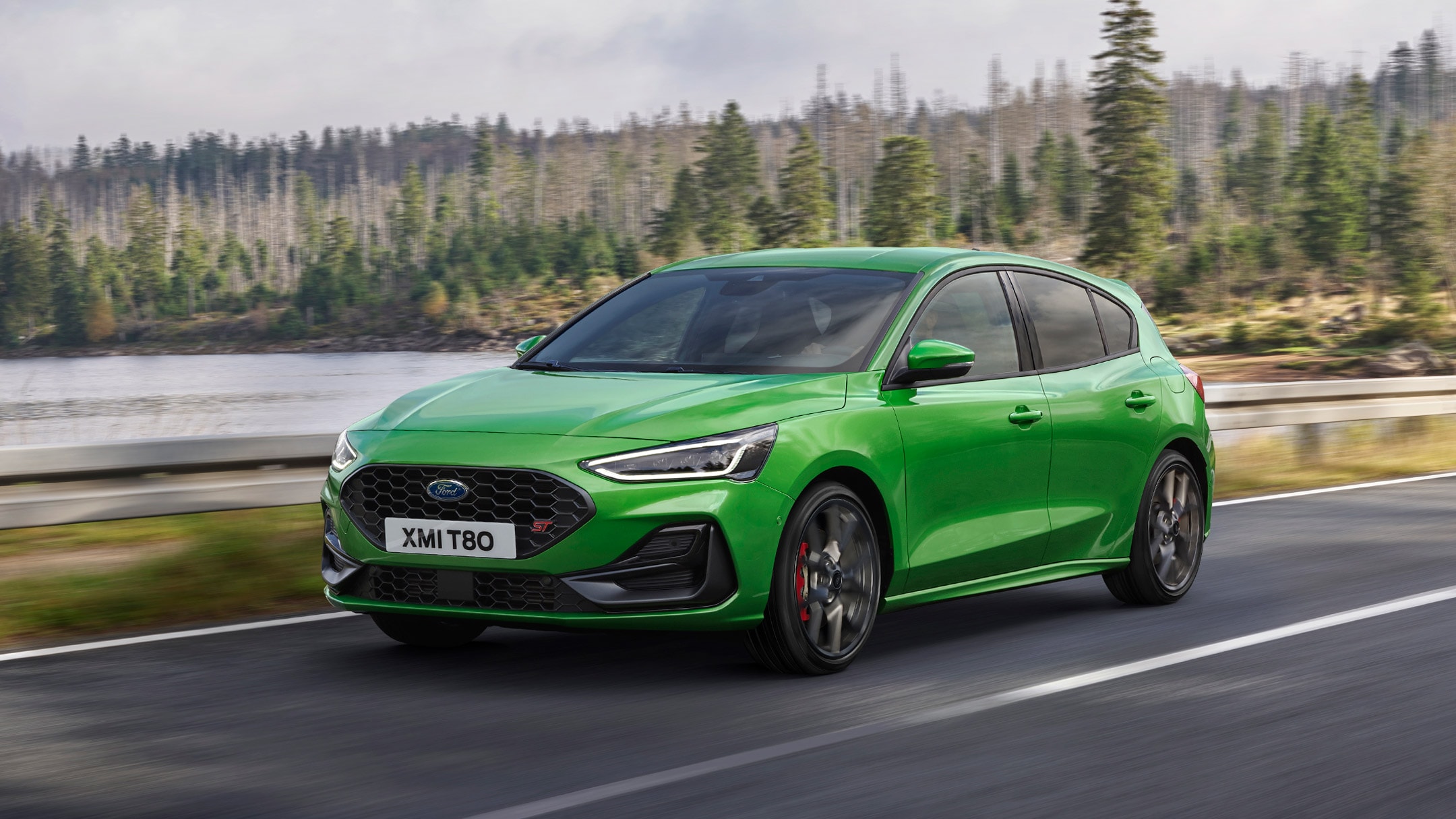 Green Ford Focus ST-Line three quarter angle