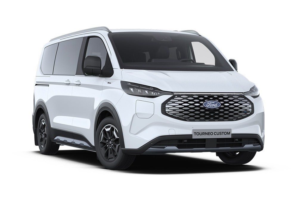 Angolo anteriore sinistro di un Ford E-Tourneo Custom Active bianco.