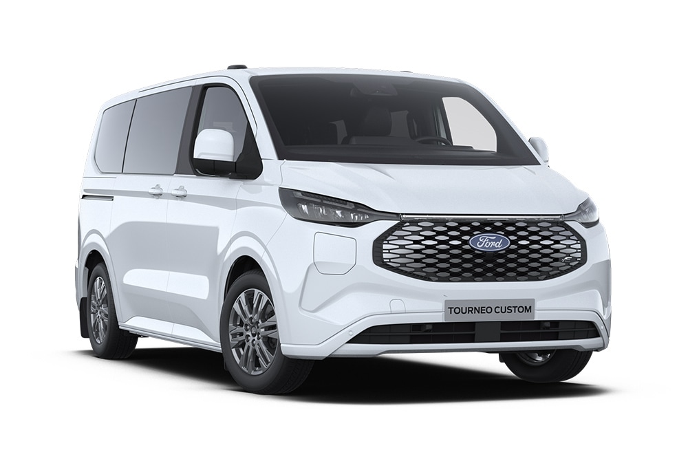 Angolo anteriore sinistro di un Ford E-Tourneo Custom Titanium bianco.