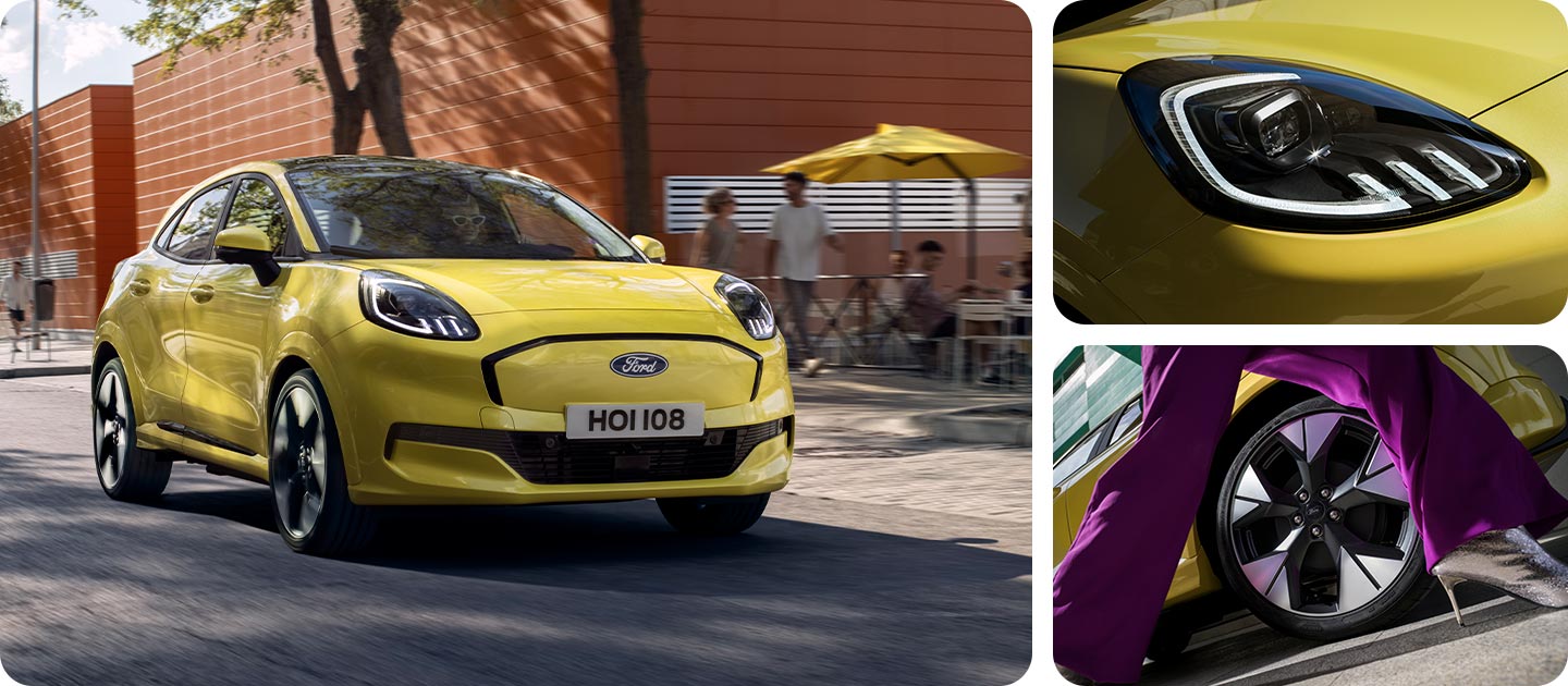 Griglia fotografica che mostra il Ford Puma Gen-E® giallo, con primi piani dei fari anteriori e degli eleganti cerchi in lega