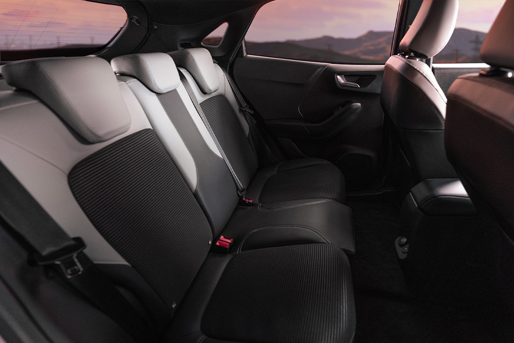 A close up of the rear seats of the Ford Puma Gen-E Sound Edition featuring exclusive seat fabrics.