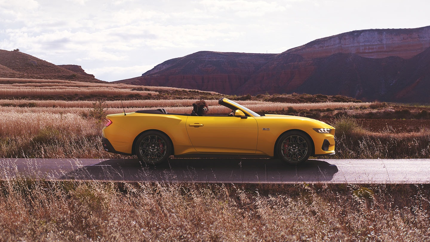 Yellow Ford Mustang driving in wilderness