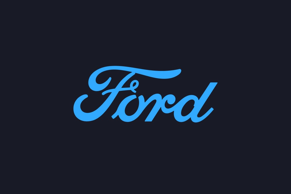 Logo blu Ford su uno sfondo nero.