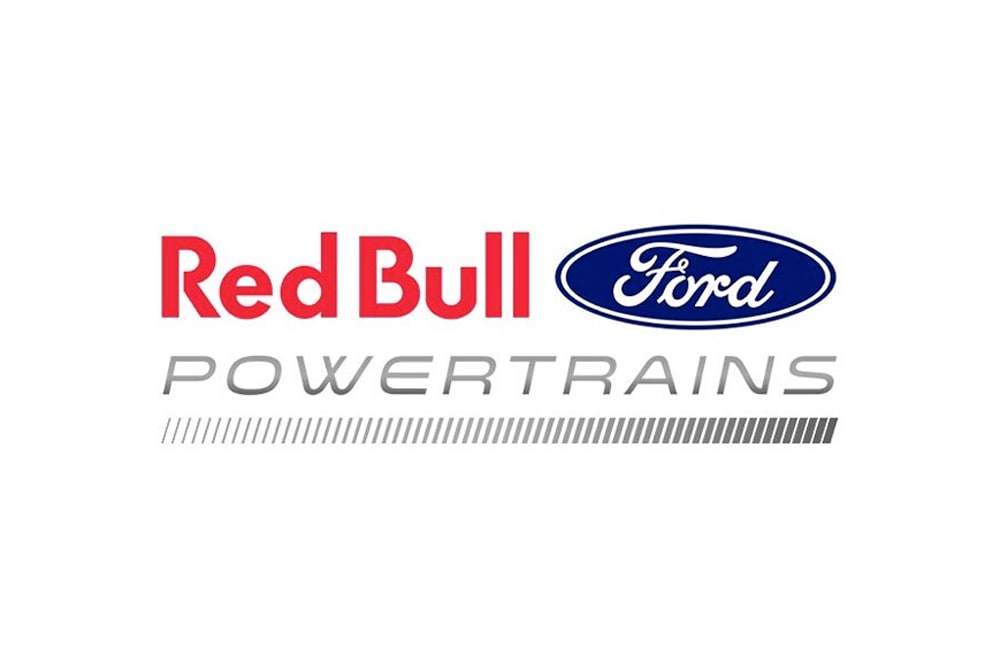 Logo Red Bull Ford Powertrains per Formula 1 su sfondo bianco