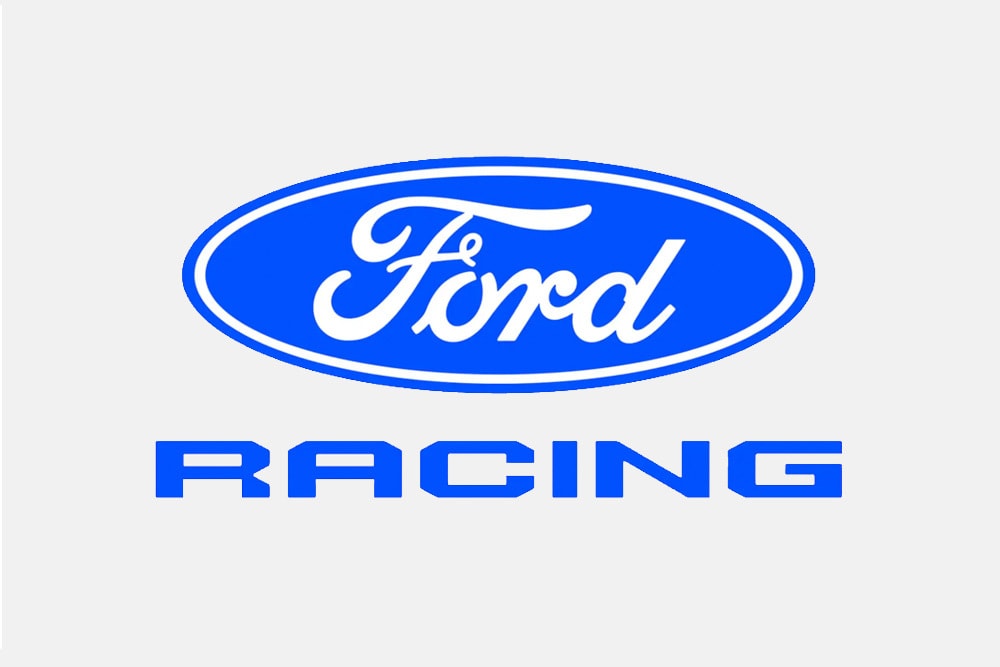 Il logo ufficiale Ford Racing su sfondo bianco.