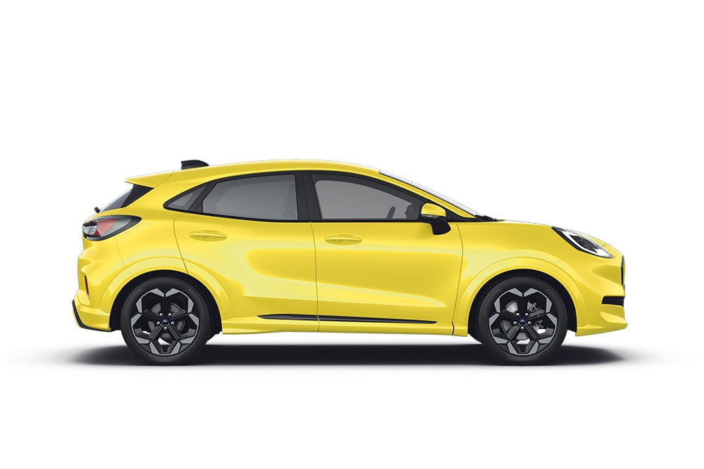 Una Ford Puma Gen-E gialla, parte della gamma di SUV Ford.