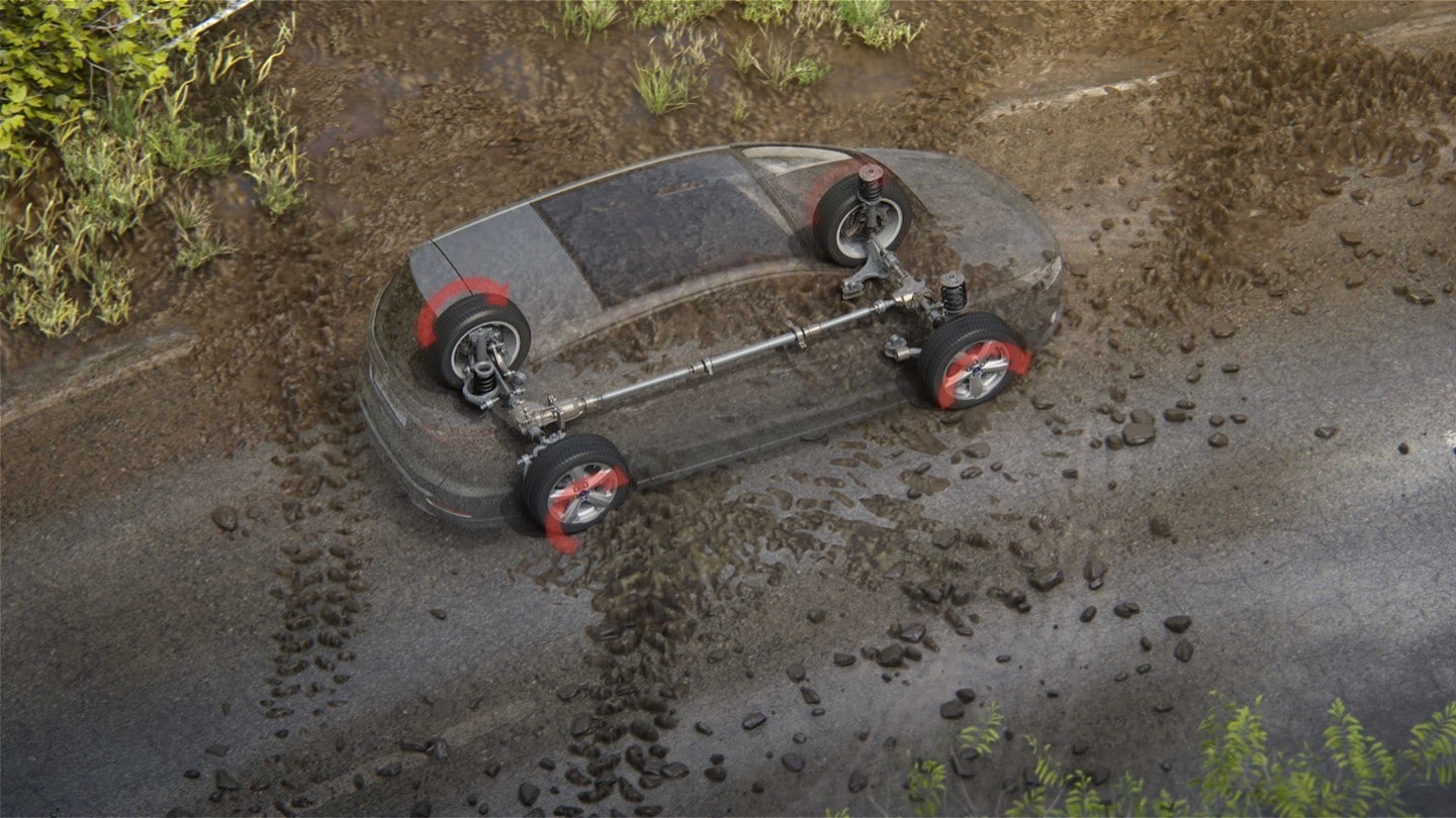 Ford S-MAX in movimento su una strada fangosa, con trazione integrale intelligente che passa dalla trazione anteriore a quella posteriore in base alle condizioni stradali