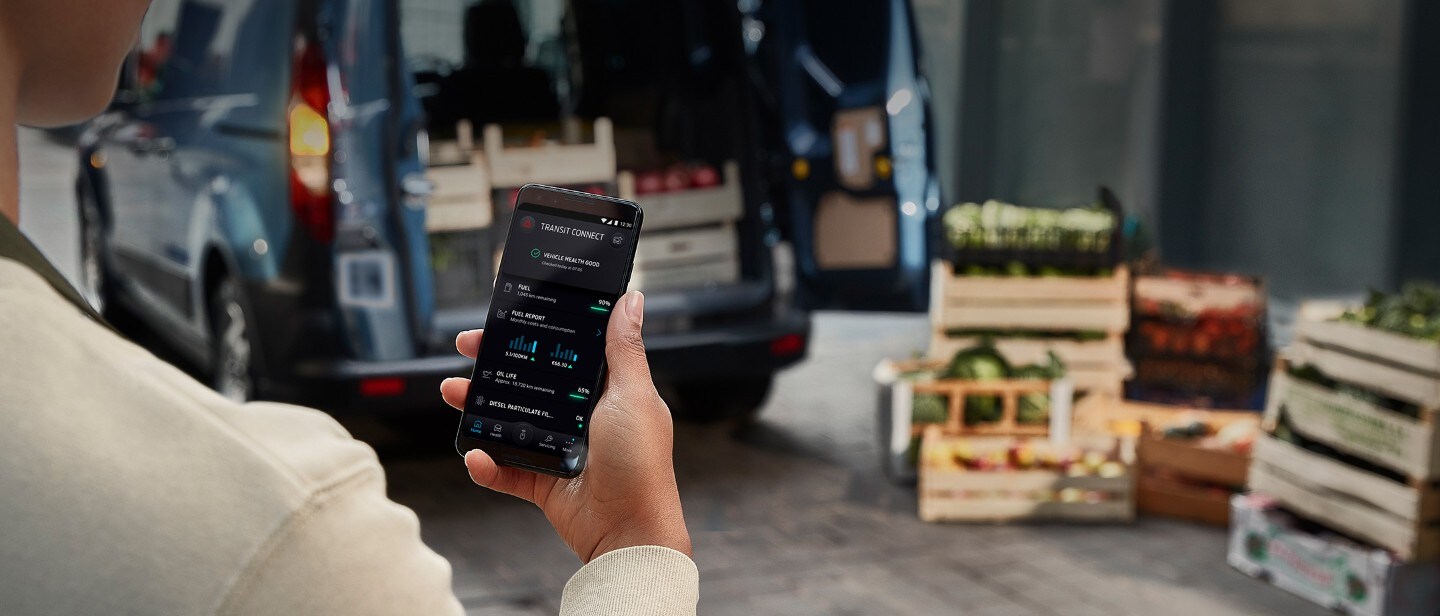 Woman checking phone against backdrop of Ford Transit Connect and cargo of goods