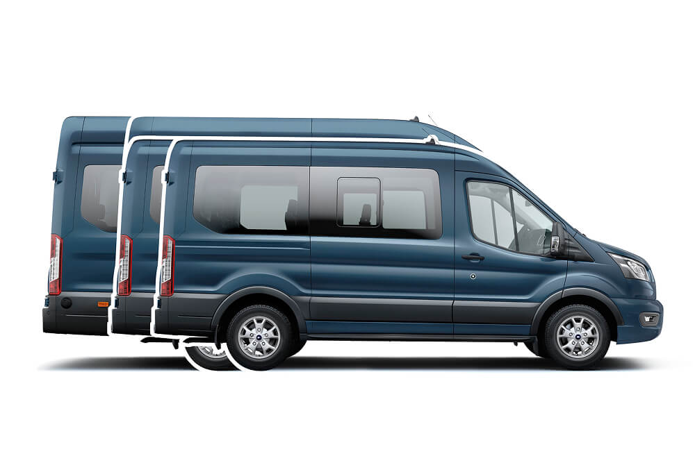 Side view of multiple blue Ford Transit Minibuses, highlighting different body lengths.