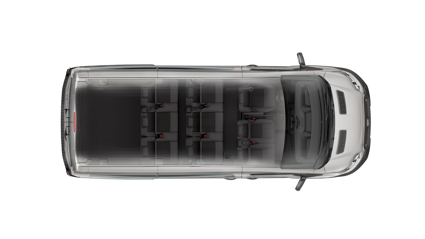 Ford Transit Combi visto dall’alto con tetto in trasparenza che rivela i sedili