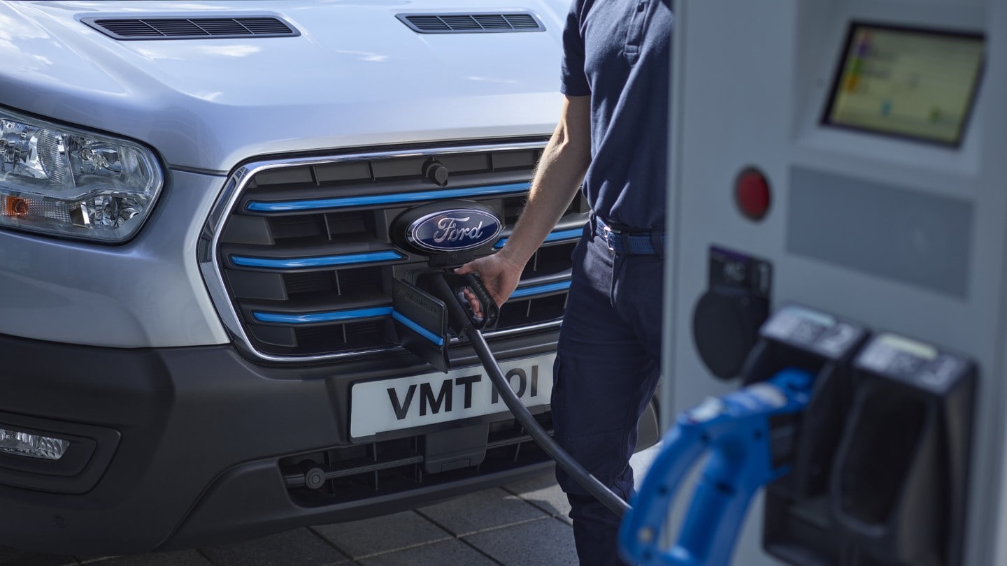 New Ford E-Transit close view of charging socket behind the front grille