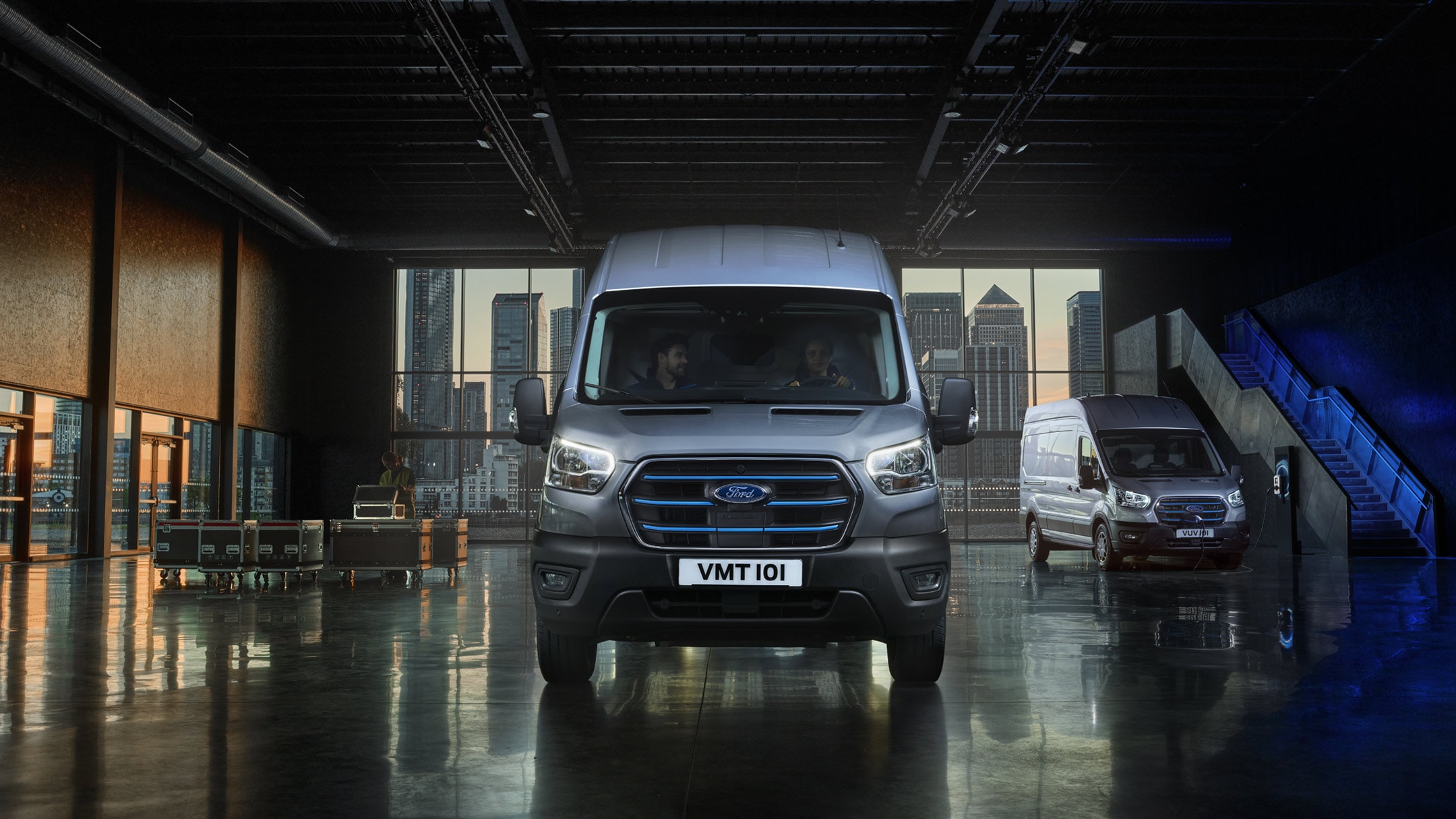 All-electric Ford Transit Van in depot