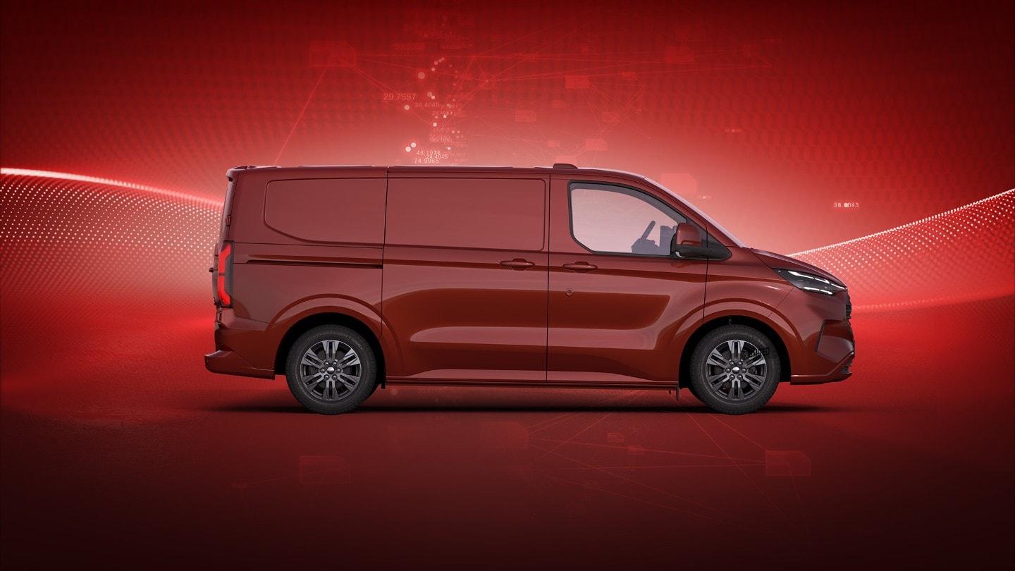 Ford E-Transit Custom side view on red background