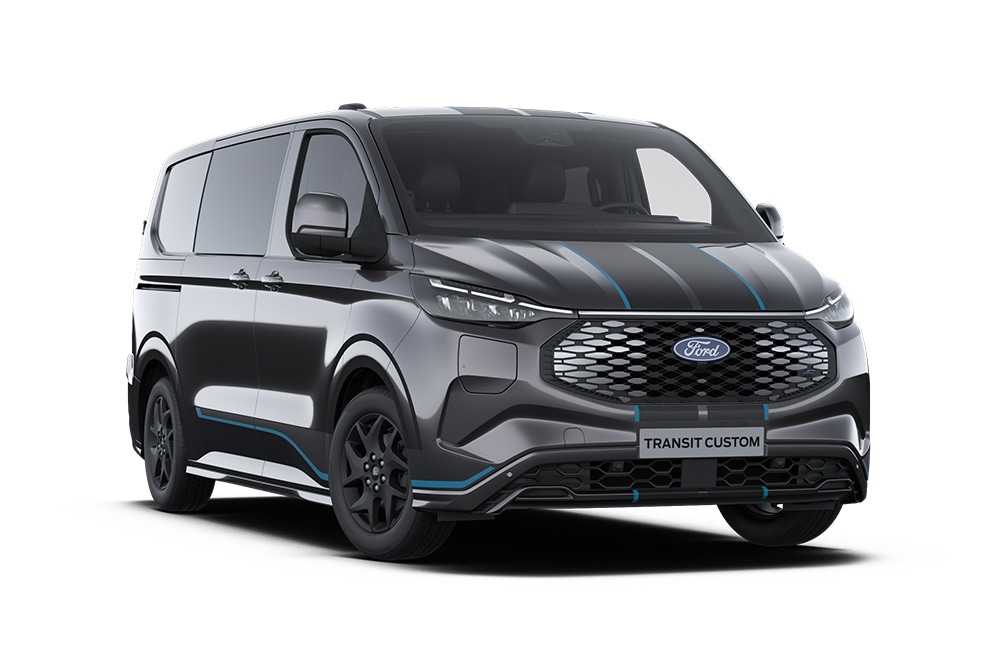 Vista frontale di un furgone a doppia cabina Ford E-Transit Custom Sport grigio scuro.