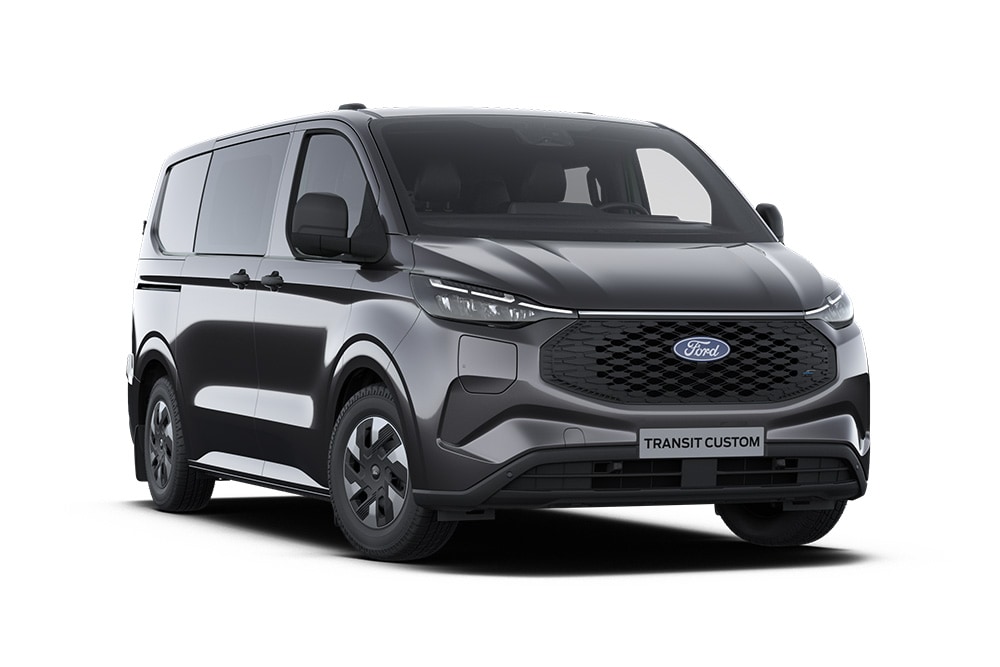 Vista frontale di un furgone a doppia cabina Ford E-Transit Custom Trend grigio scuro.