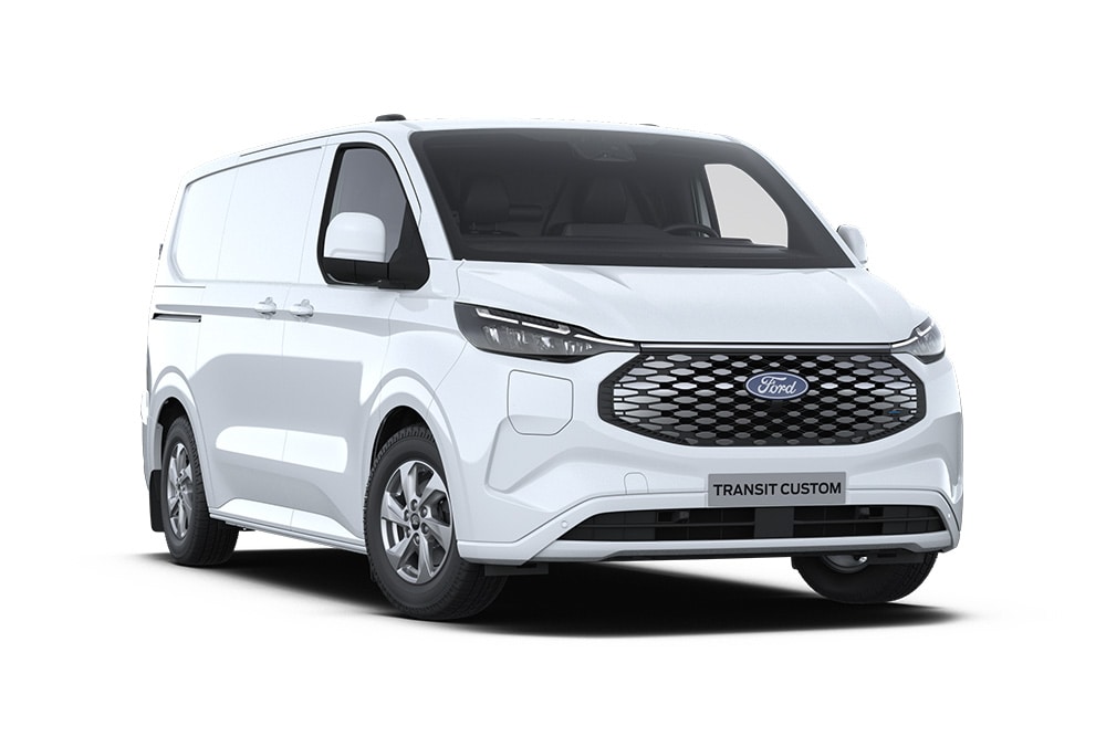 Vista frontale di un furgone elettrico Ford E-Transit Custom bianco.