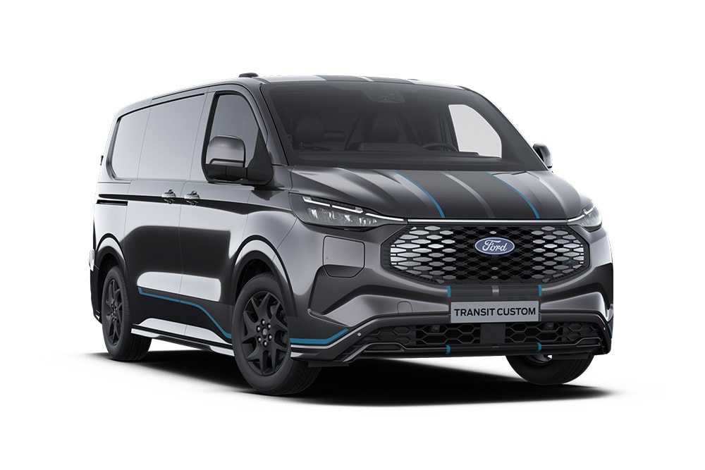 Vista frontale di un furgone Ford E-Transit Custom Sport grigio scuro.