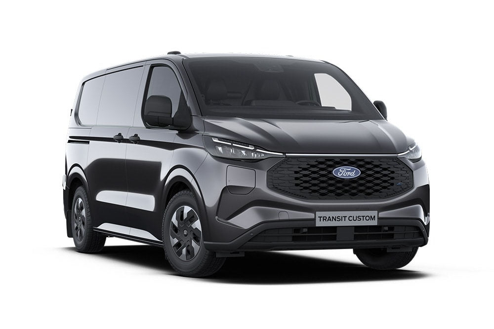 Vista frontale di un furgone Ford E-Transit Custom Trend grigio scuro.