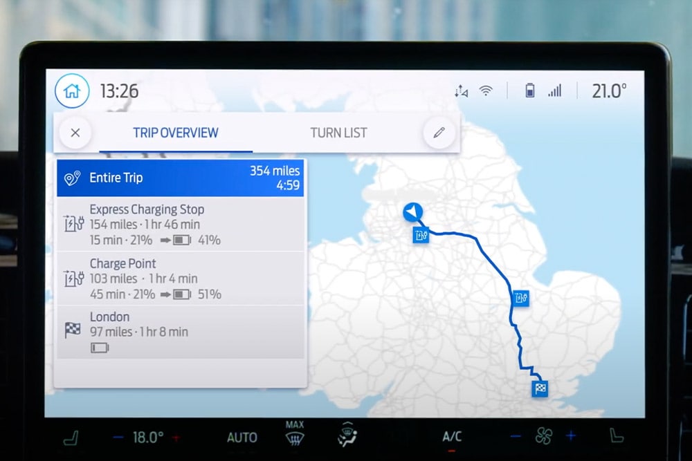Schermata di navigazione di un Ford Transit Custom che mostra una panoramica del percorso.