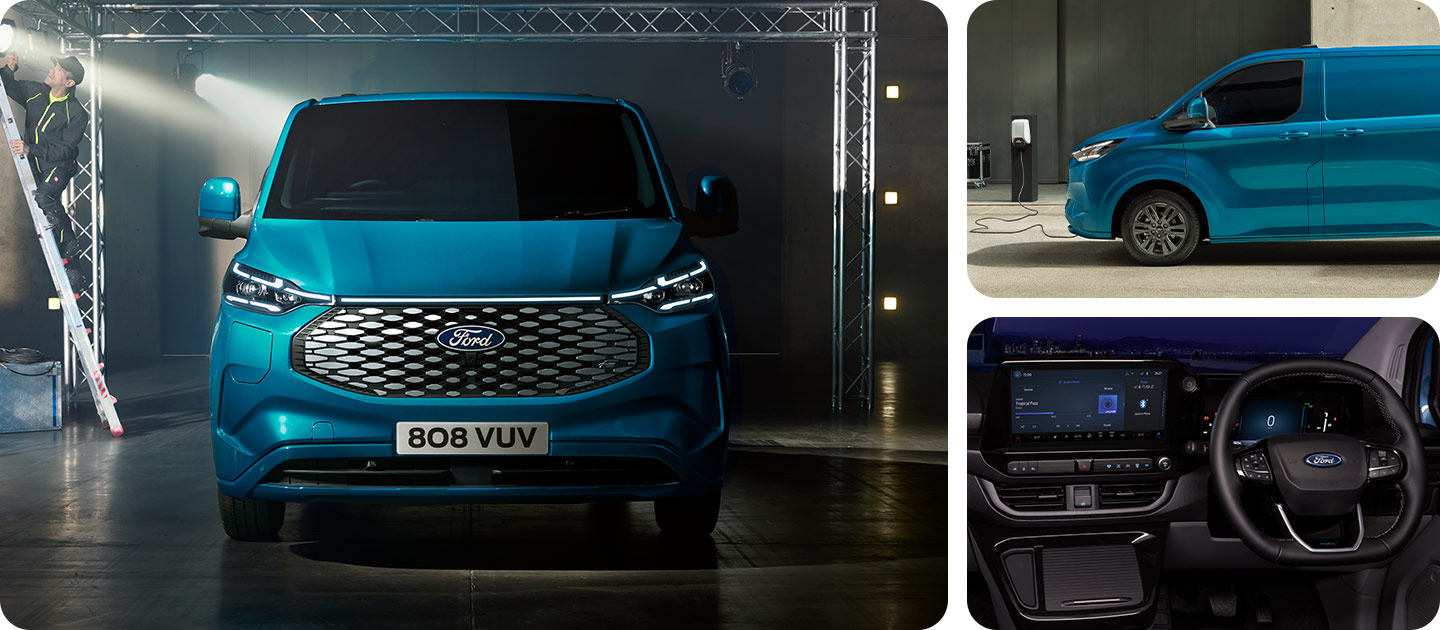 Vista frontale di un furgone Ford E-Transit Custom blu.