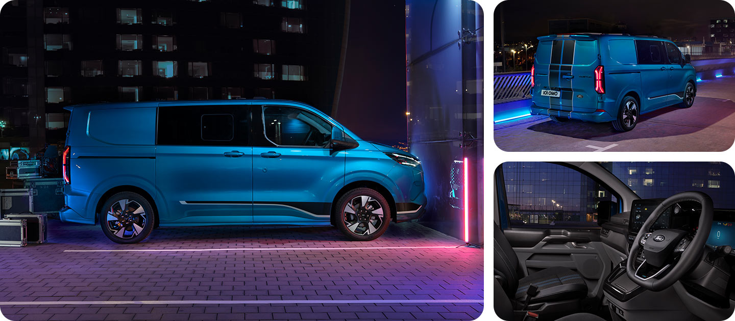 Vista laterale di un furgone elettrico a doppia cabina Ford E-Transit Custom blu di notte.