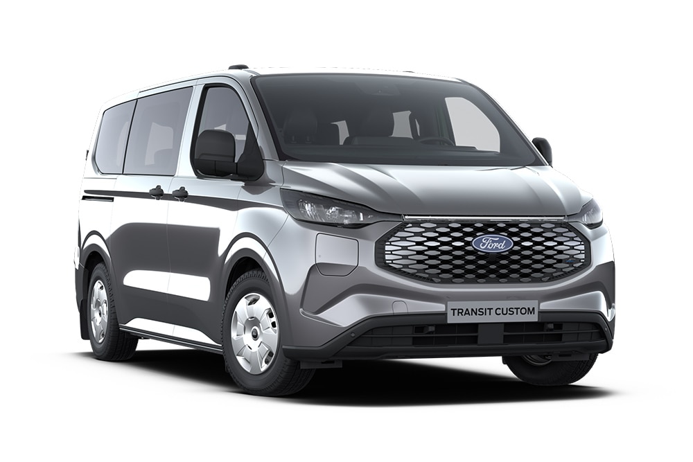 Vista frontale di un Ford Transit Custom Leader Kombi grigio scuro.