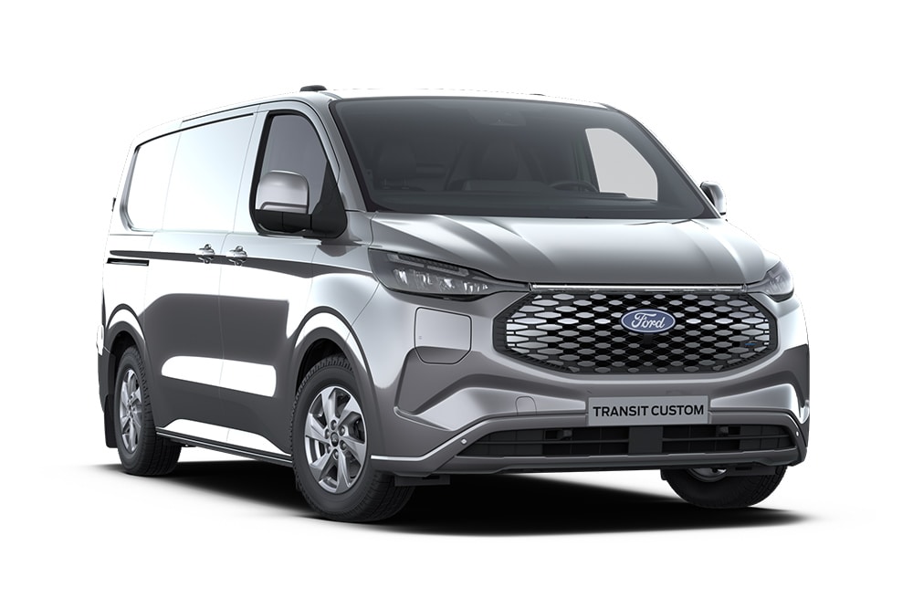 Vista frontale di un furgone Ford E-Transit Custom Limited grigio scuro.