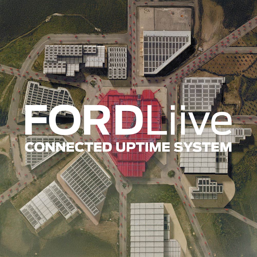 Vista aerea di uno stabilimento con il logo FordLiive.