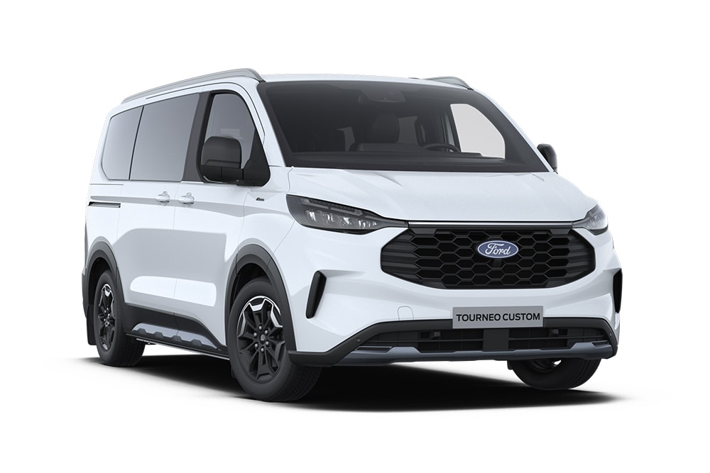 Angolo anteriore sinistro di un Ford Tourneo Custom Active bianco.
