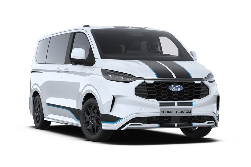 Angolo anteriore sinistro di un Ford Tourneo Custom Sport bianco.