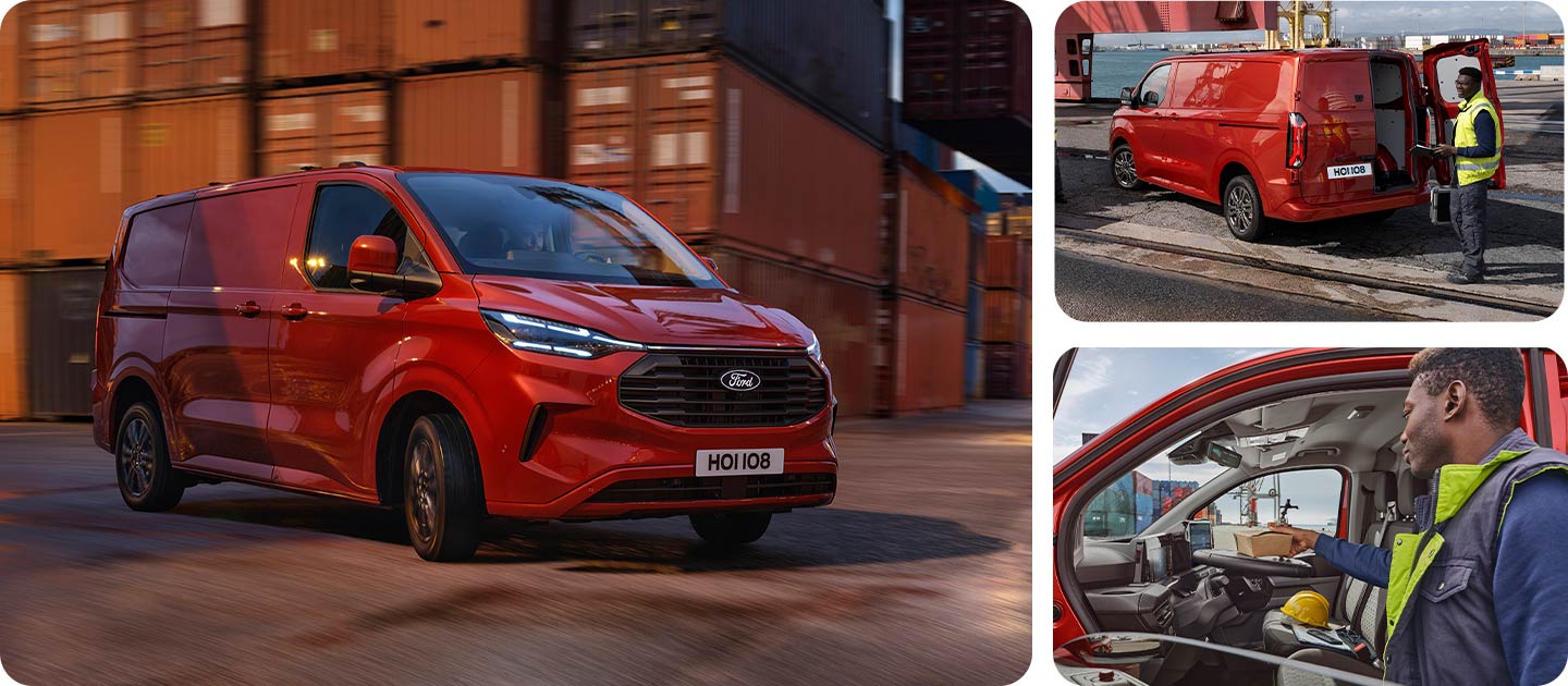 Un furgone Ford Transit Custom rosso al molo.