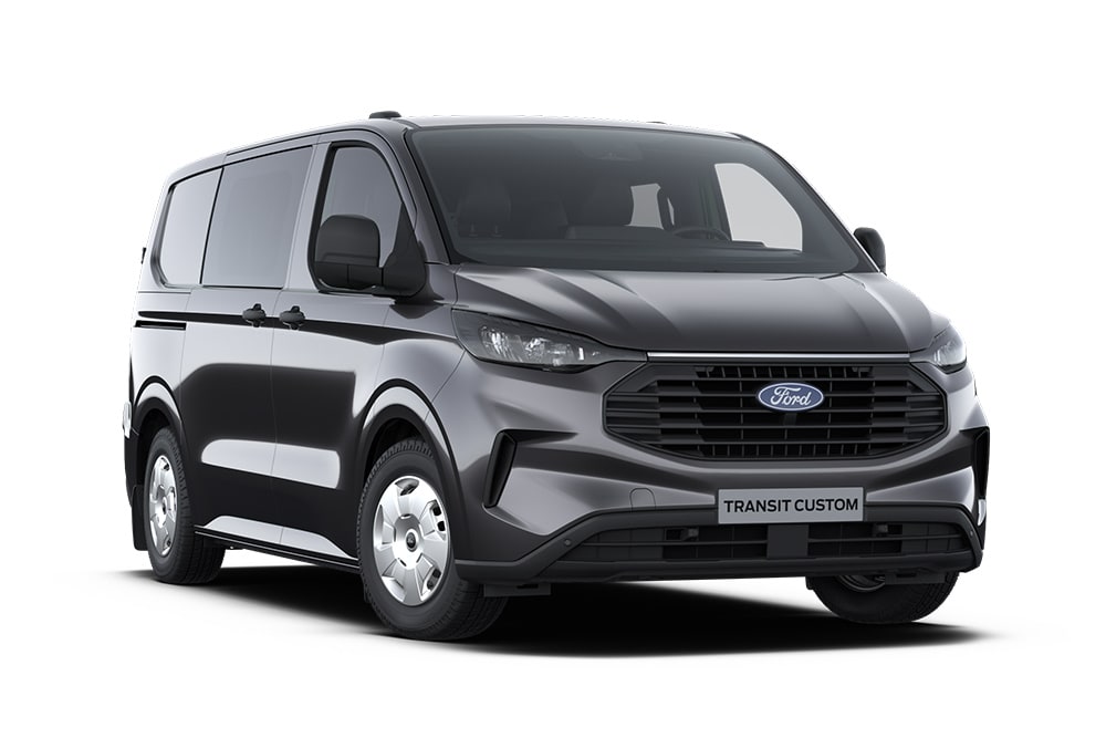 Furgone Ford Transit Custom Trend a doppia cabina grigio scuro. 