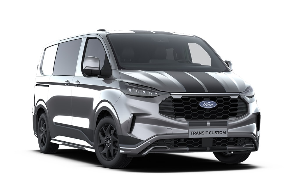 Furgone Ford Transit Custom Sport a doppia cabina grigio scuro con dettagli blu.