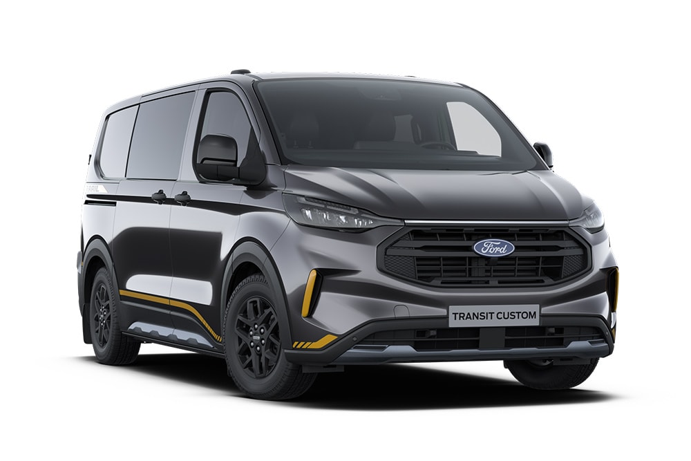 Furgone Ford Transit Custom Trail a doppia cabina grigio scuro con dettagli dorati.