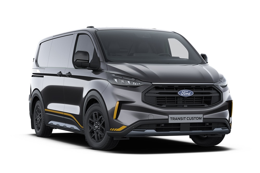 Furgone Ford Transit Custom Trail a doppia cabina grigio scuro con dettagli dorati.