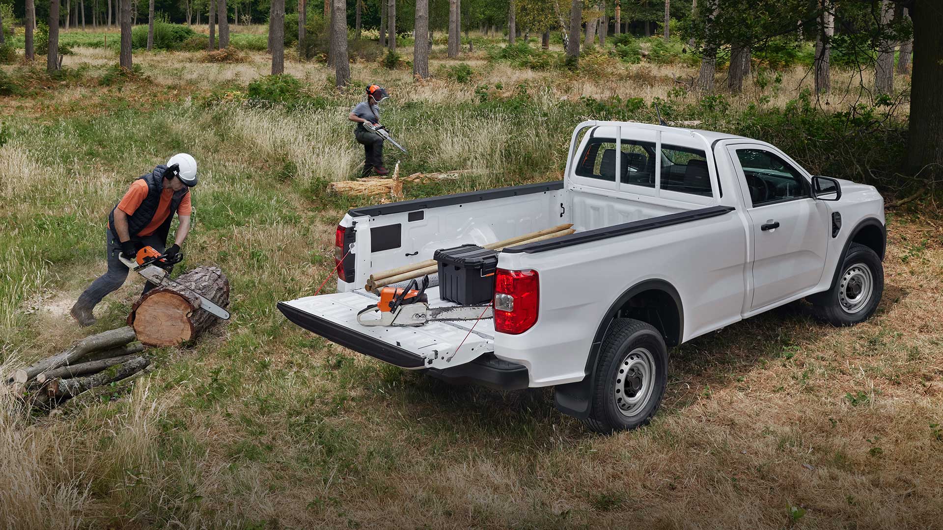 Ford Ranger a cabina singola bianco parcheggiato sull'erba con il portellone posteriore abbassato. Una persona taglia la legna nelle vicinanze.