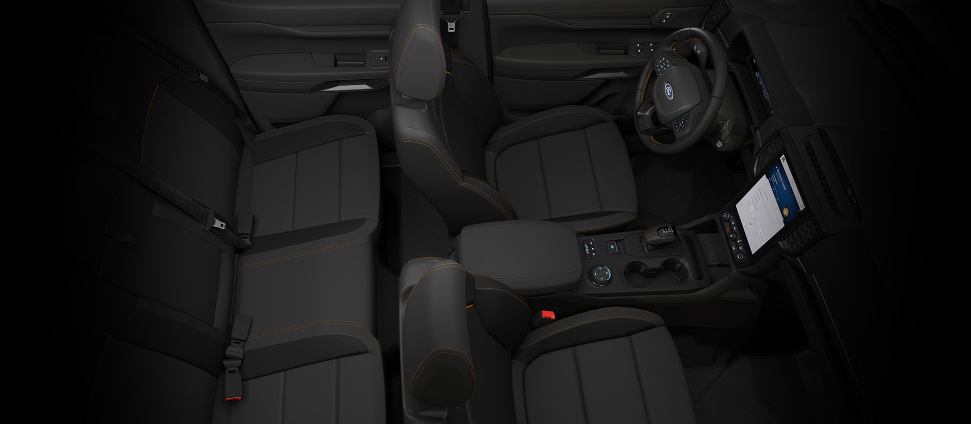 Vista dall'alto degli interni di un Ford Ranger Doppia Cabina che mostra la dashboard.