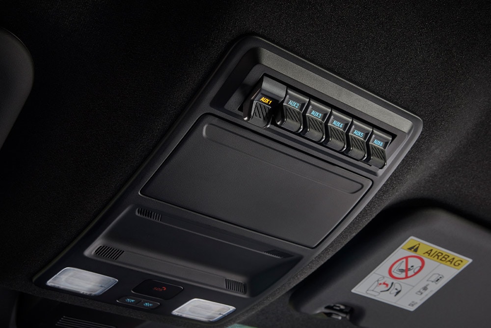 Primo piano delle mani che collegano i cavi alla presa di corrente nel pianale del Ford Ranger.